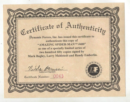 Amazing Spider-Man 400 Marvel DF Dynamic Forces Signed 3x Mark Bagley 43/250