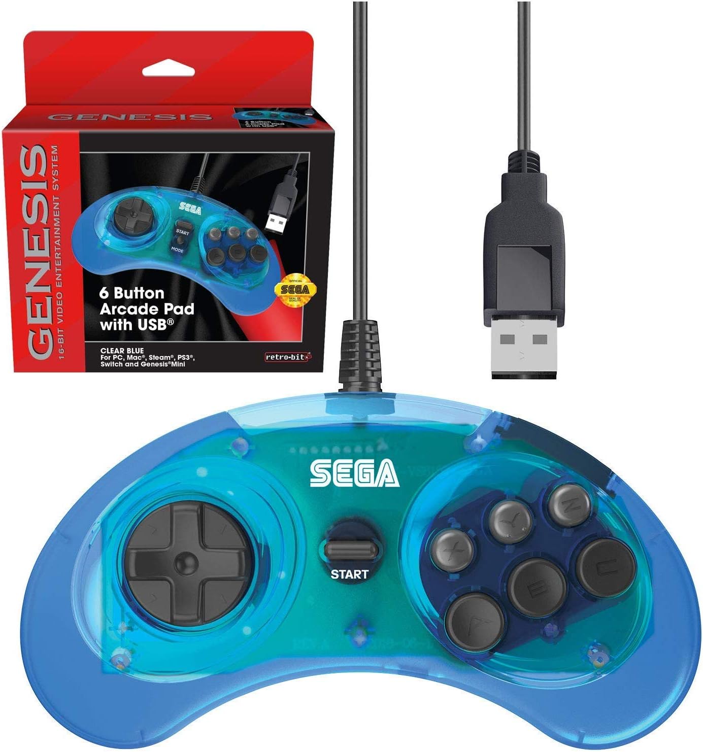 Retro-bit 6 Button USB Arcade Pad Clear Blue (Sega Genesis)