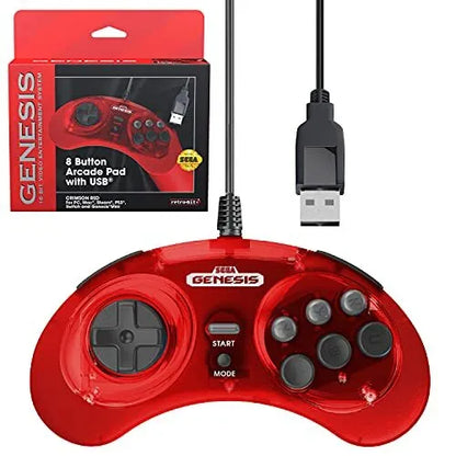 Retro-bit 8 Button Arcade Pad with USB Crimson Red (Sega Genesis)